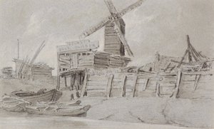 风车和船坞，约1803年（木炭，铅笔和水洗）