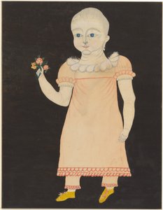 穿着粉色连衣裙的婴儿与玫瑰花 作者 美国 19 世纪