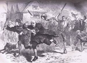 哈钦森号在1766年暴乱前的飞行，插图取自卡塞尔（Cassell），佩特（Petter）和加尔平（Galpin）在约1900年出版的《美国卡塞尔历史》