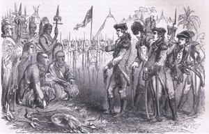 Burgoyne 将军对印第安人讲话，插图来自 Cassell, Petter & Galpin 出版的《卡塞尔美国历史》，约 1900 年（石版画） 作者 美国英语学校