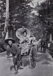 Japanese girls in jinrikshas (b/w photo)