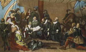 朝圣者登船，1620 年 7 月 22 日，代尔夫特港（印刷品） 作者 美国摄影师