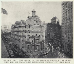 The Grim, Gray Post Office, on the Triangle formed by Broadway, Park Row, and Mail Street, immediately South of City Hall Park (b/w photo) 作者 美国摄影师