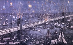 纽约大桥和布鲁克林大桥的鸟瞰图和1883年开幕之夜的大型火灾展览。由A. Major
