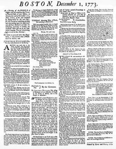 一份关于波士顿茶党事件的宽边报纸，1773年12月（印刷版）