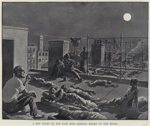 东边炎热的夜晚，在屋顶上寻求救济（石版画） 作者 美国学校