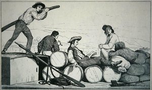 密西西比河上运载货物的平底船，约1840年（雕版画）。 作者 美国学校