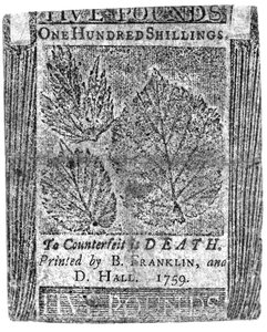 由富兰克林和D.霍尔于1759年印制的一百张先令（印刷品） 作者 美国学校