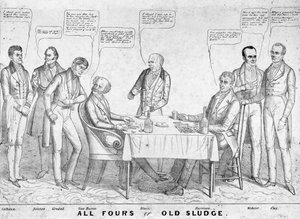 所有Fours或Old Sludge，政治漫画描绘总统Martin Van Buren（1782-1862）在威廉·亨利·哈里森（1773-1841）中与其他政治家和政治家共同打牌，1836年（石版画） 作者 美国学校
