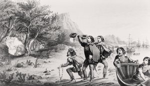 Amerigo Vespucci登陆新世界，来自“生命和航行的Americus Vespuccius”，由康涅狄格州纽黑文的霍勒斯曼斯菲尔德出版，1853年 作者 美国学校