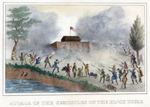 塞米诺尔人对 Block House 酒吧的攻击。 1836（手工彩色雕刻） 作者 美国学校