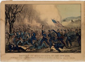 1862年1月19日，米尔斯普林斯战役，酒吧。作者：Currier＆Ives，c.1862