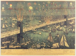 1883年开幕之夜的纽约和布鲁克林大桥的鸟瞰图和烟花表演 作者 美国学校
