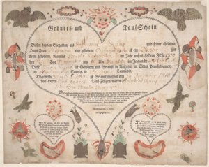 Maria Catharina Raup c.1806 的出生和洗礼证书（Geburts und Taufschein）（纸上水彩笔和墨水） 作者 美国学校