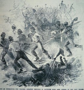 在围攻彼得堡期间（1864-65年），联邦军队的黑人部队带来了缴获的枪支（石印）。 作者 美国学校