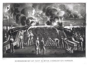 从1861年4月12日和13日，酒吧，莫尔特里堡查尔斯顿港的萨姆特堡轰炸。由Currier和Ives 作者 美国学校