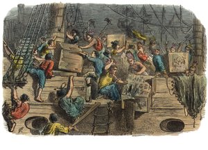 波士顿茶党，约1860年代（手绘版画）。 作者 美国学校