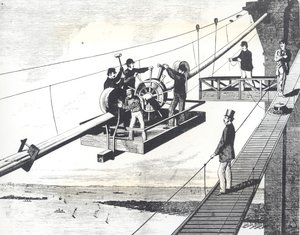 1876年建造中的布鲁克林大桥，编织悬索（雕刻）。 作者 美国学校