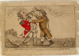 乔纳森弟兄1813年对约翰·布尔执行了一次致命的亲切（手工彩色雕刻）