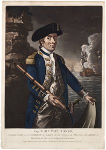 约翰·保罗·琼斯上尉，1780年法国和美国服役舰队中队指挥官（手工色的mezzotint） 作者 美国学校