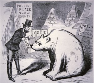 描绘美国政客试图在无人居住的阿拉斯加寻找选民的漫画 作者 美国学校
