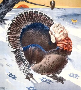 描绘共和党政治家马克-汉纳（1837-1904）为 "美国自由的现代鸟 "的漫画，载于《判决书》。 作者 美国学校