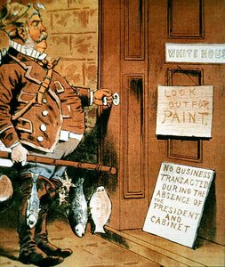 来自《法官》杂志的切斯特-阿瑟总统的漫画，评论了总统经常钓鱼的情况 作者 美国学校