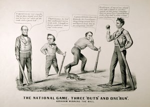 卡通展示亚伯拉罕·林肯（1809-65）在1860年总统大选中赢得对手道格拉斯，贝尔和布雷肯里奇的球 作者 美国学校