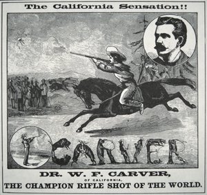 世界步枪射击冠军 "海报，主角是Doc Carver（1840-1927），约1885年（雕刻）。 作者 美国学校