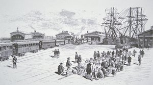 19世纪60年代，中国移民或 "苦力 "抵达旧金山，在横贯大陆的铁路上工作（平版印刷）。 作者 美国学校