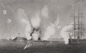 1862年3月9日在弗吉尼亚州汉普顿路的联邦军队弗吉尼亚（左）和联盟USS监视器（中）之间作战（详见254609） 作者 美国学校