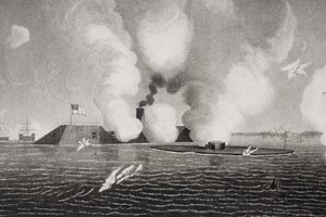 1862年3月9日在弗吉尼亚州汉普顿路的联邦军队弗吉尼亚（左）和联盟USS监视器（右）之间作战（细节254608） 作者 美国学校