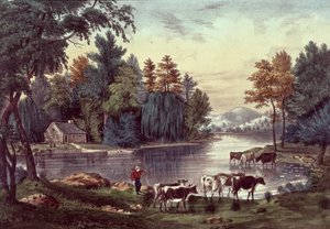 湖岸上的奶牛，由Nathaniel Currier（1813-88）和James Merritt Ives（1823-95）（彩色光刻）出版 作者 美国学校