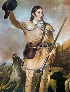 戴维-克罗基特（1786-1836）和他的猎犬在1836年（彩色平版印刷）。 作者 美国学校