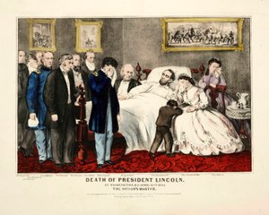 林肯总统之死，1865年4月15日在华盛顿特区，出版。1865年彩色石版画 作者 美国学校