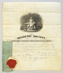 1843年6月20日，由尤利西斯·格兰特（Ulysses S. Grant）担任辩护协会主席在西点军校（West Point Military Academy）签署的文件（在羊皮纸上刻花，用钢笔和墨水）（另请参见872501） 作者 美国学校