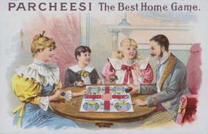 一家人在玩巴棋游戏（chromolitho）。 作者 美国学校