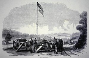 美国内战期间（1861-65年）保护铁路的联邦沙袋炮台（石印）。 作者 美国学校