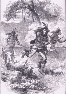 大屠杀后印第安人的逃亡，插图来自卡塞尔的美国酒吧历史。 由 Petter & Galpin c.1890 (石版画) 作者 美国学校