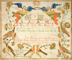 伊丽莎白-瓦赫特（1808-71 年）出生证和洗礼证的 Fraktur 1808（纸面水墨画） 作者 美国学校