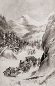 弗里蒙特在 1848 年第四次探险期间在北美落基山脉，摘自 1905 年出版的《我们国家的历史》（平版印刷） 作者 美国学校