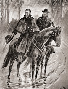格兰特将军在 1861 年密苏里州贝尔蒙特战役前冒雨侦察，选自《我们国家的历史》，1905 年出版（石版印刷）。 作者 美国学校