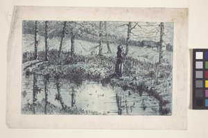 池塘边的女孩（蚀刻版画，蓝色调印刷） 作者 美国学校