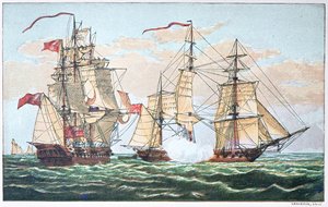 1812年战争期间，香农号对美国切萨皮克号，1813年（彩色平印）。 作者 美国学校