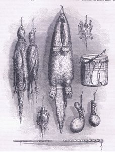 印度药袋、神秘哨子、战斗和鼓 1661，插图来自卡塞尔的美国酒吧历史。 由 Petter & Galpin c.1890 (石版画) 作者 美国学校