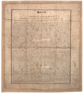 杰斐逊首次就职演说，1801年3月4日，巴尔的摩Pechin印刷（丝绸上的平版印刷） 作者 美国学校