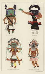 Kwacus Alek Taka、Alo Mana、老面具（Katcina 部族）、老面具（Tcua 部族）（彩色石版画） 作者 美国学校