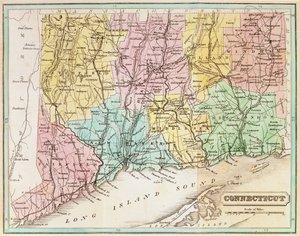康涅狄格州地图，来自约翰华纳巴伯的“康涅狄格历史收藏”，1856年