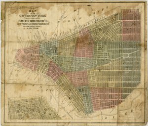 纽约市地图：为史密斯兄弟准备，一个价格服装仓库...由JH Colton＆Co。制作，1854-1869（黑色和彩色墨水在纸上） 作者 美国学校