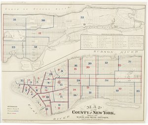 纽约郡的地图，显示了病房和警察局，以及1870年的车站位置（墨水在纸上） 作者 美国学校